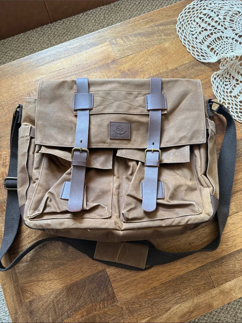 Men's Brown Canvas Messenger Bag with faux Leather Straps